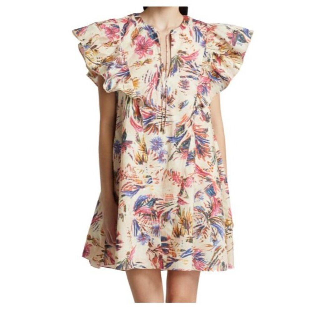 Chufy Womans Miya Printed Dress Sz L Flutter sleeve Multicolor Ivory Pink NWT